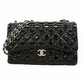 Chanel Shoulder Bag Deca Quilted Patent Leather Black Silver