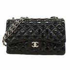 Chanel Shoulder Bag Deca Quilted Patent Leather Black Silver