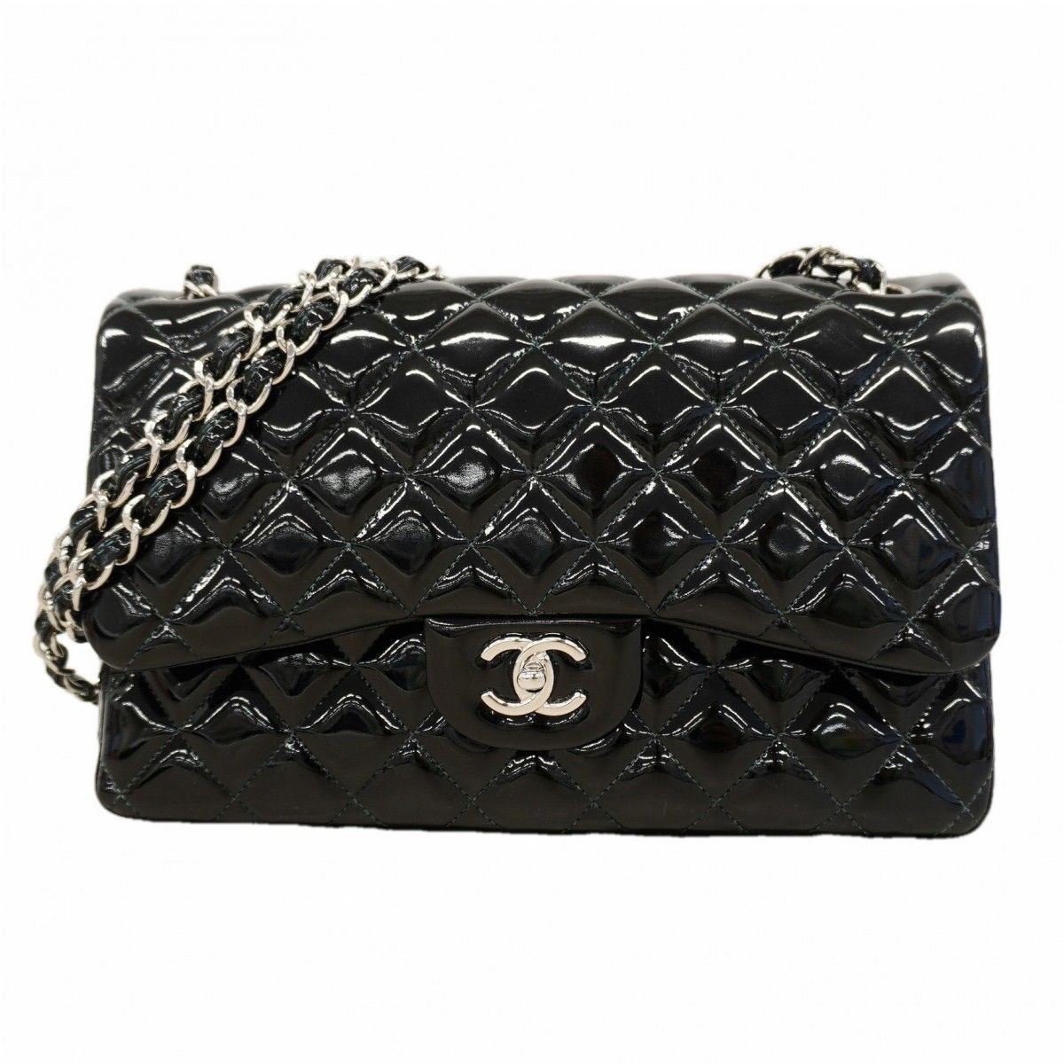Chanel Shoulder Bag Deca Quilted Patent Leather Black Silver