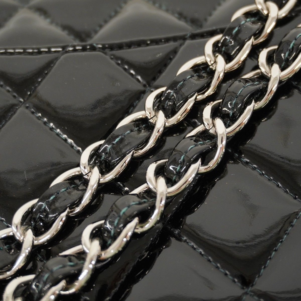 Chanel Shoulder Bag Deca Quilted Patent Leather Black Silver — view 8