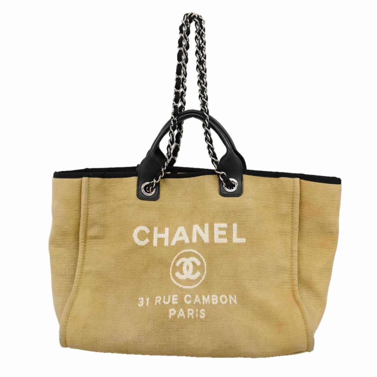 Chanel Chain Tote Deauville Canvas Beige Silver