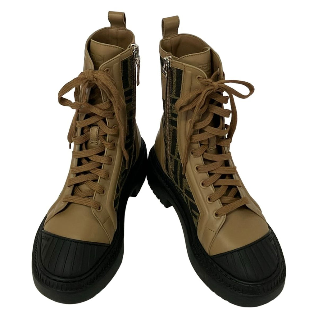 Fendi Short Boots 36 Khaki Light Brown Black Zucca Pattern Leather — view 2