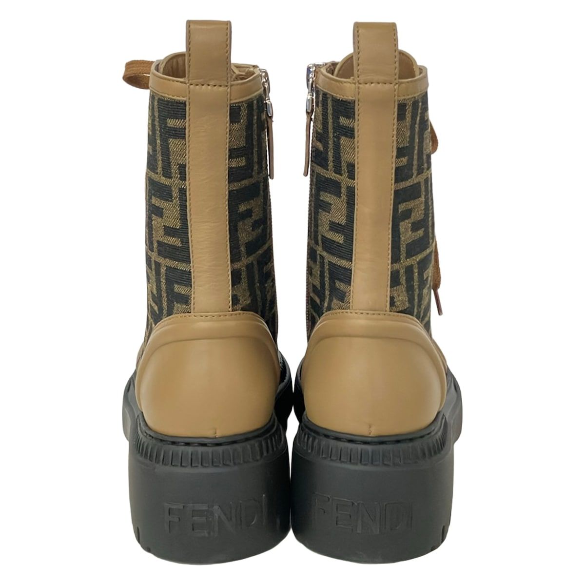 Fendi Short Boots 36 Khaki Light Brown Black Zucca Pattern Leather — view 3