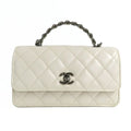 Chanel Top Handle Chain Shoulder Bag Quilted White Calfskin