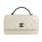 Chanel Top Handle Chain Shoulder Bag Quilted White Calfskin