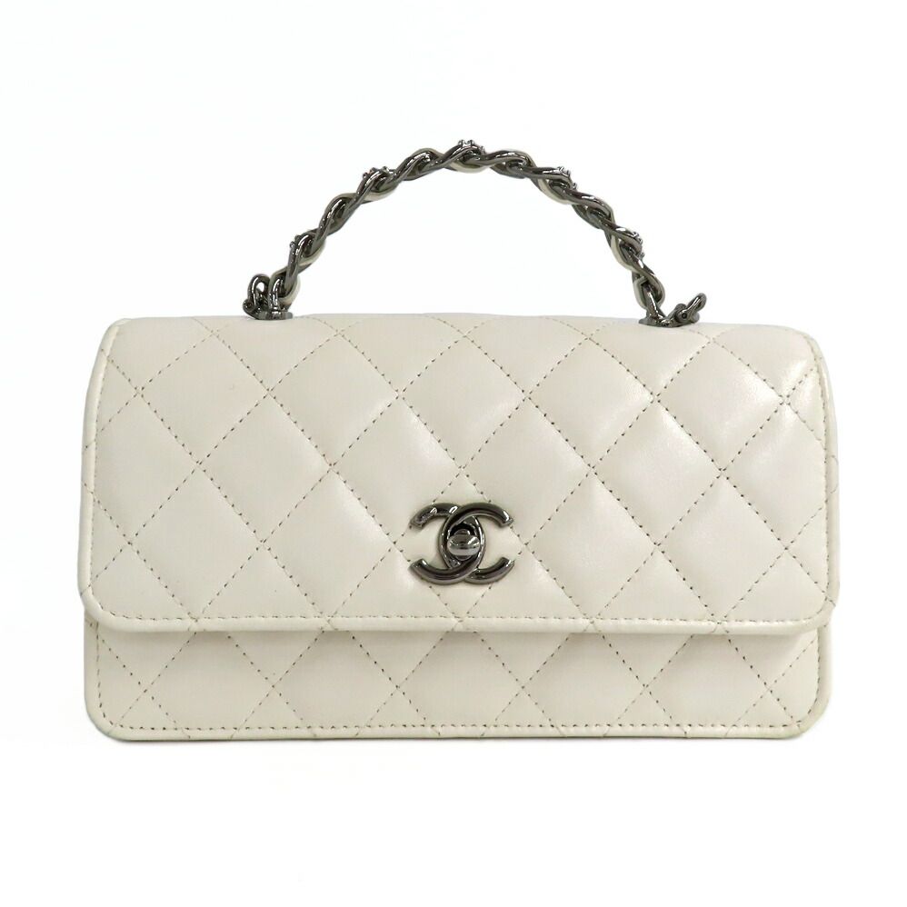 Chanel Top Handle Chain Shoulder Bag Quilted White Calfskin