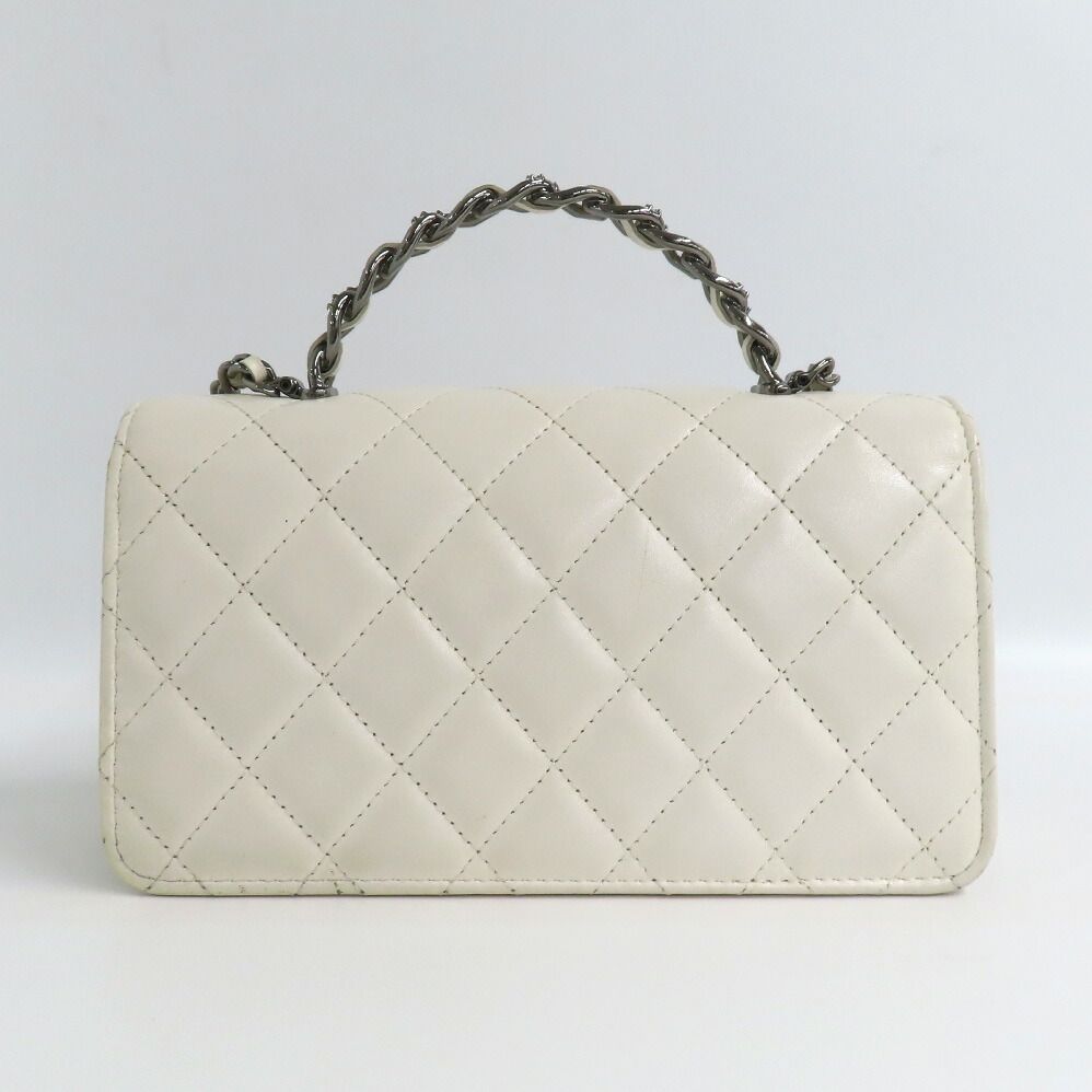 Chanel Top Handle Chain Shoulder Bag Quilted White Calfskin — view 2