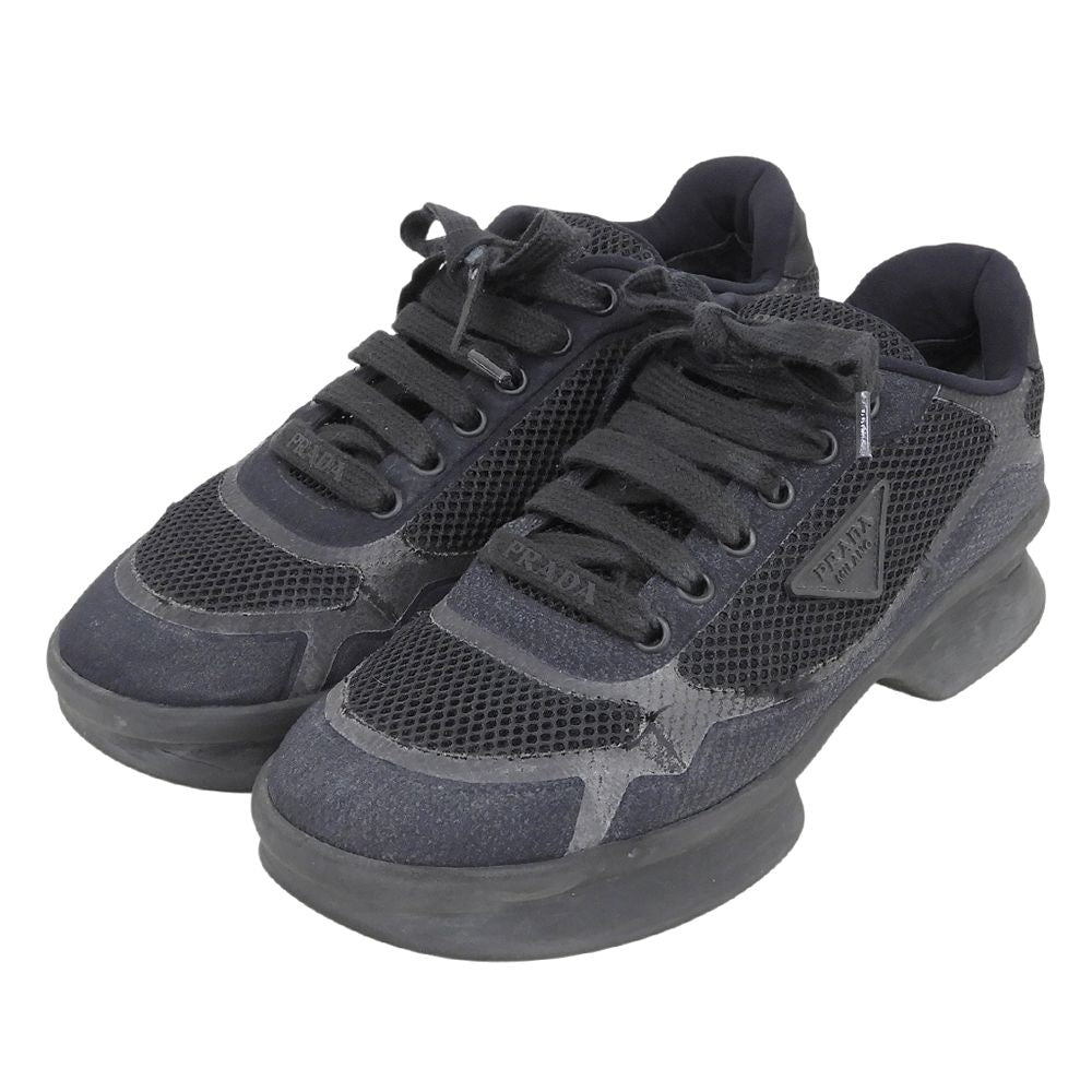 Prada Mesh Fabric Triangle Logo Low Cut Heels Sneakers Black