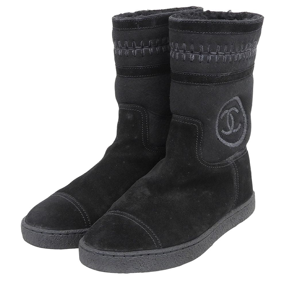 Chanel CC Logo Stitch Shearling Boots Black