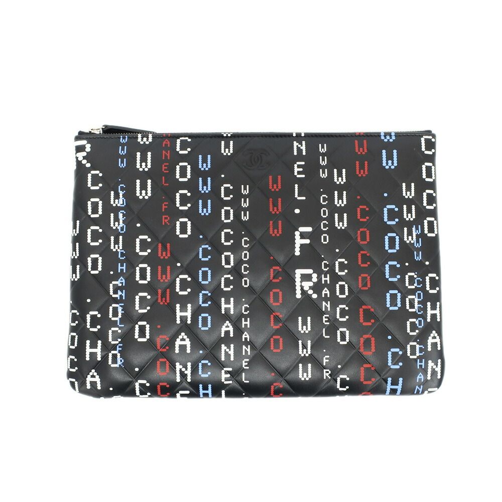 Chanel Ten Clutch Typography Quilted Second Black Silver Lambskin CC Logo