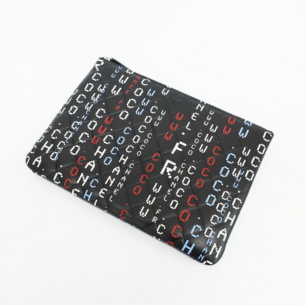 Chanel Ten Clutch Typography Quilted Second Black Silver Lambskin CC Logo — view 9
