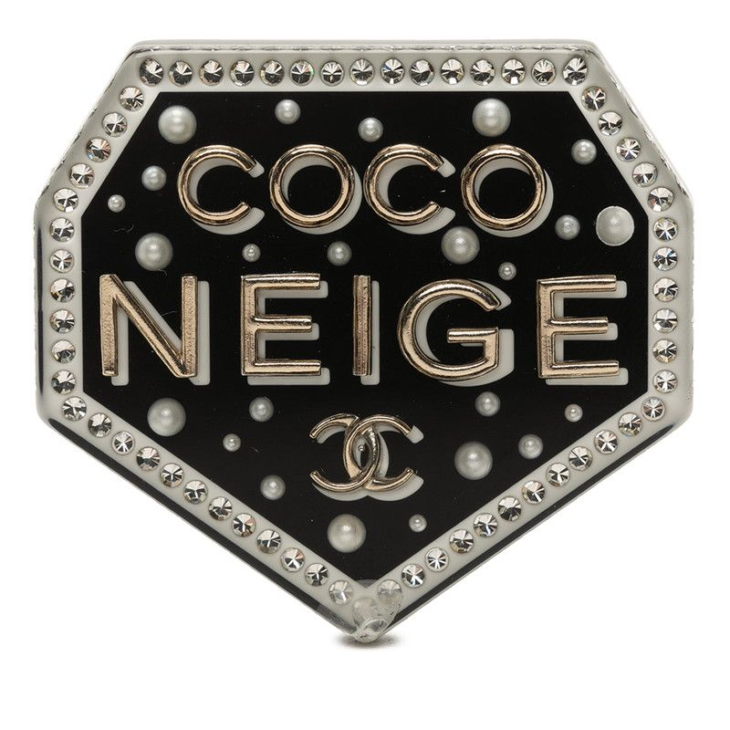 Chanel CC Logo Coco Neige Emblem Brooch 18 Black Plastic Rhinestone