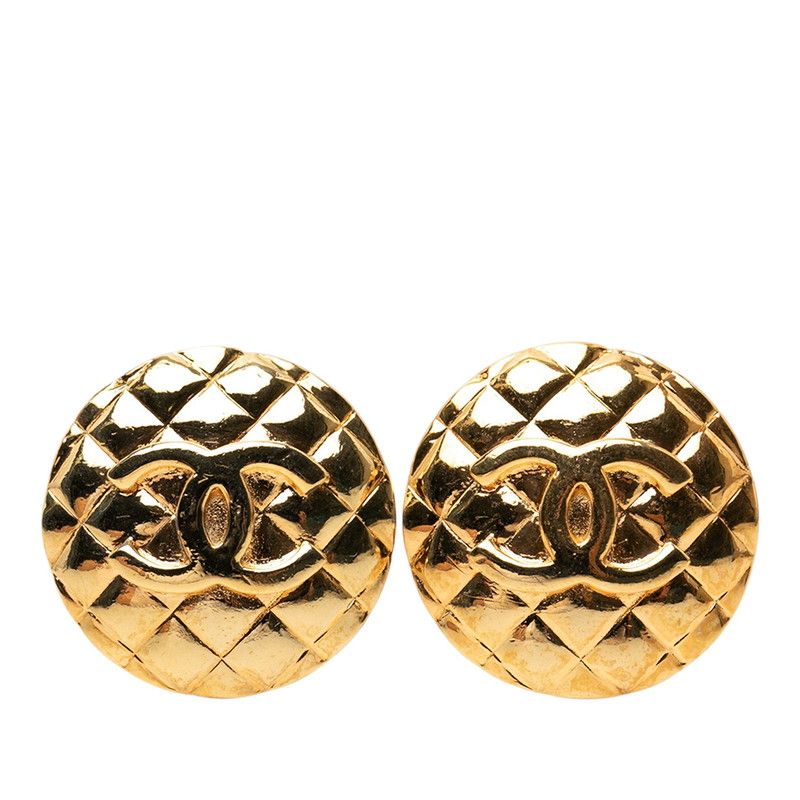 Chanel CC Logo Quilted Round Earrings Gold Plated