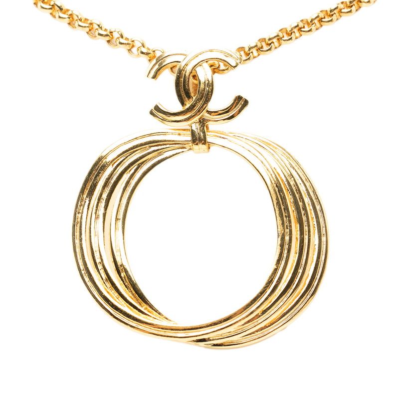 Chanel CC Logo Turnlock Triple Hoop Chain Pendant 96 Gold Plated