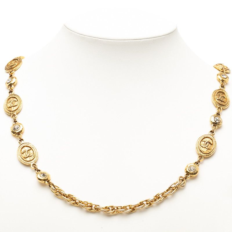 Chanel CC Logo Chain Necklace Gold Rhinestone Plated