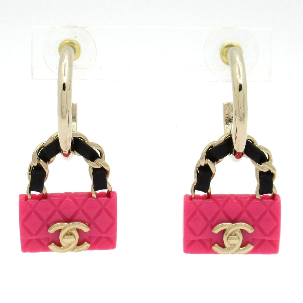 Chanel Earrings Leather Gold Pink Black Quilted Bag Motif