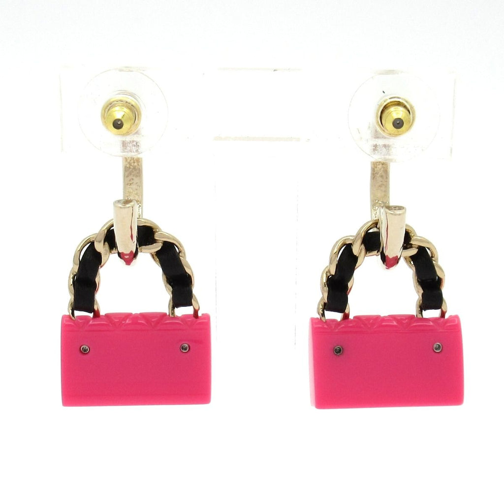Chanel Earrings Leather Gold Pink Black Quilted Bag Motif — view 3