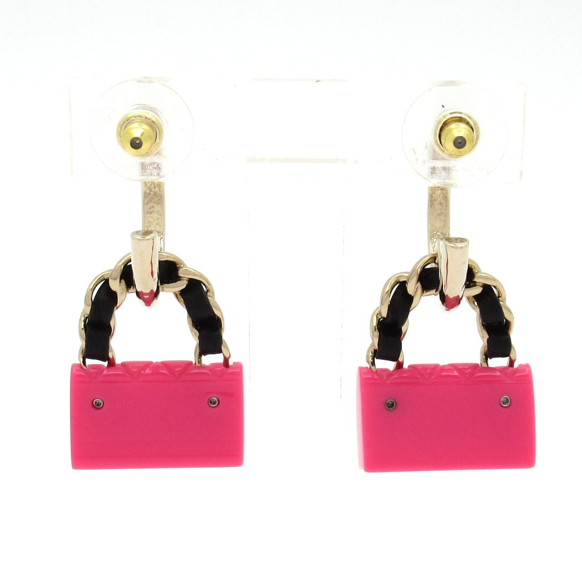 Chanel Earrings Leather Gold Pink Black Quilted Bag Motif — view 3