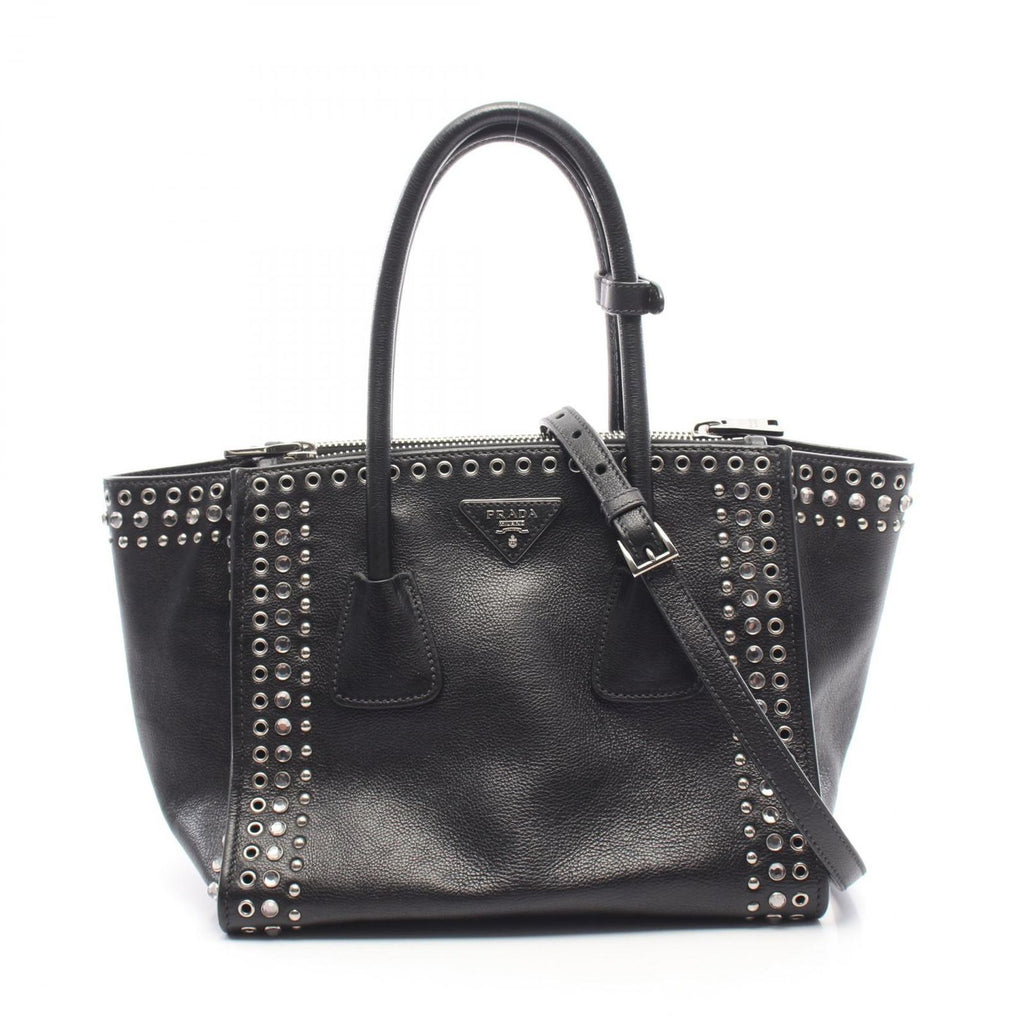 Prada Handbag Glace'calf 2-Way Bijou Studs Black Leather Perforated Tote