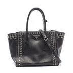 Prada Handbag Glace'calf 2-Way Bijou Studs Black Leather Perforated Tote