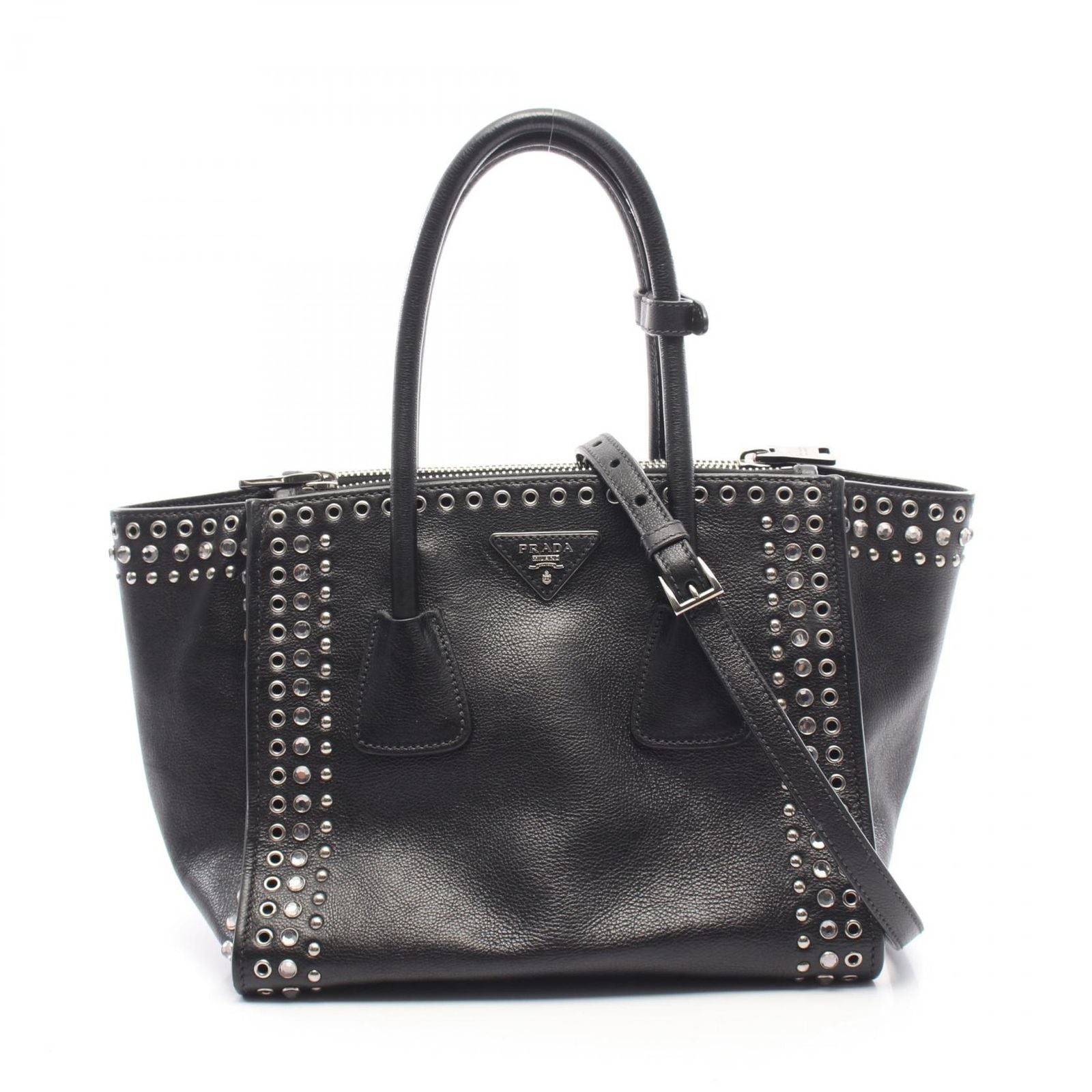 Prada Handbag Glace'calf 2-Way Bijou Studs Black Leather Perforated Tote