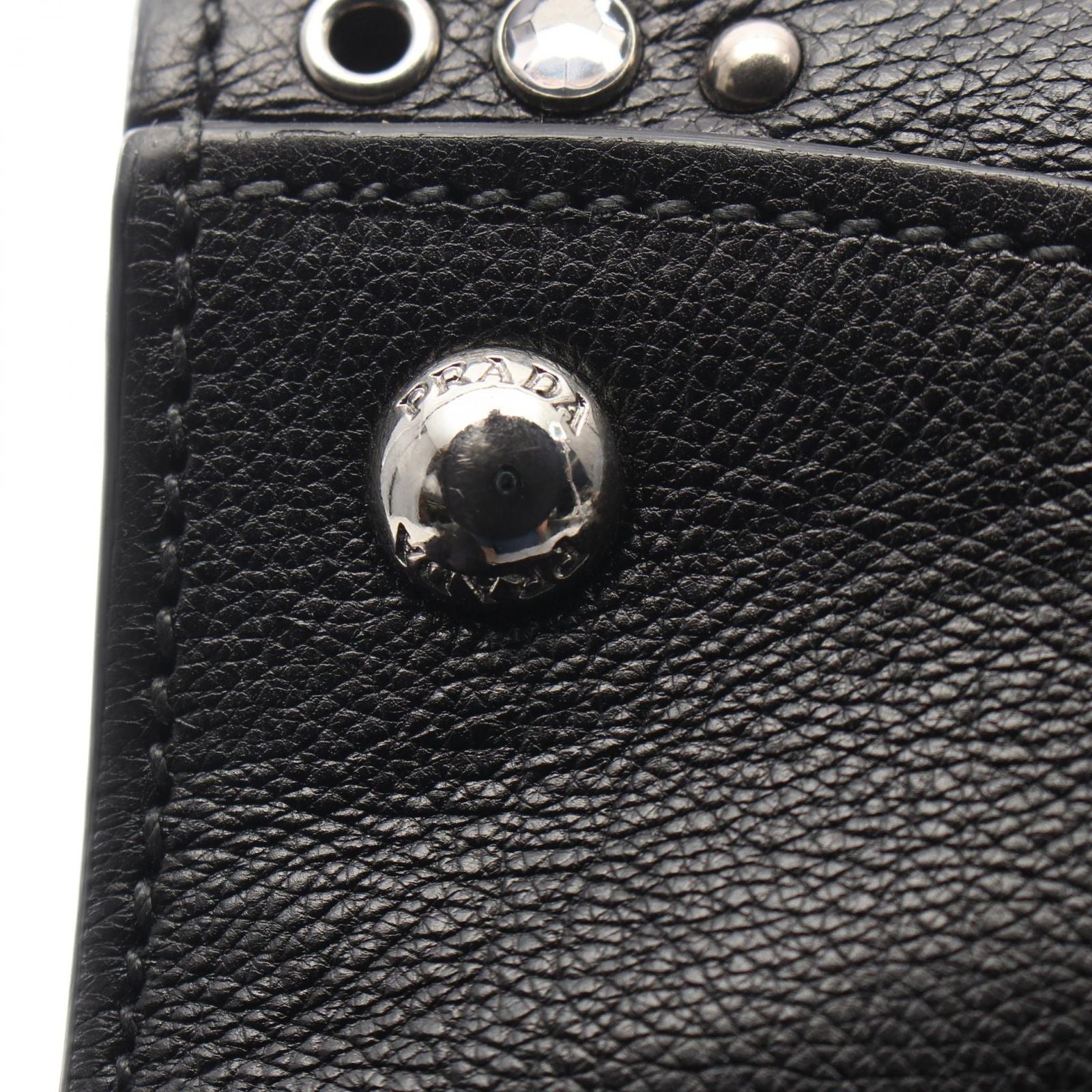 Prada Handbag Glace'calf 2-Way Bijou Studs Black Leather Perforated Tote — view 6