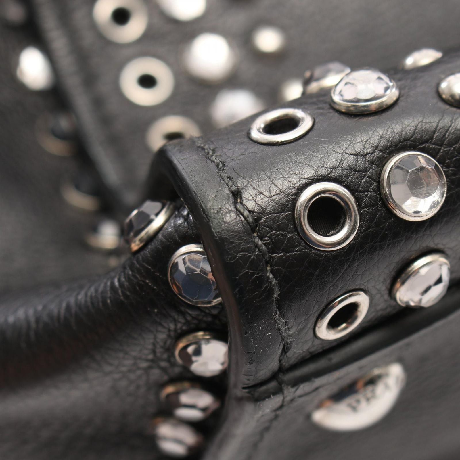 Prada Handbag Glace'calf 2-Way Bijou Studs Black Leather Perforated Tote — view 5
