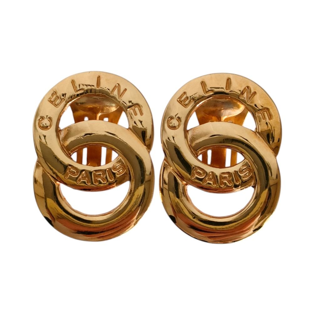 Celine Double Circle Logo Metal Clip Earrings Gold