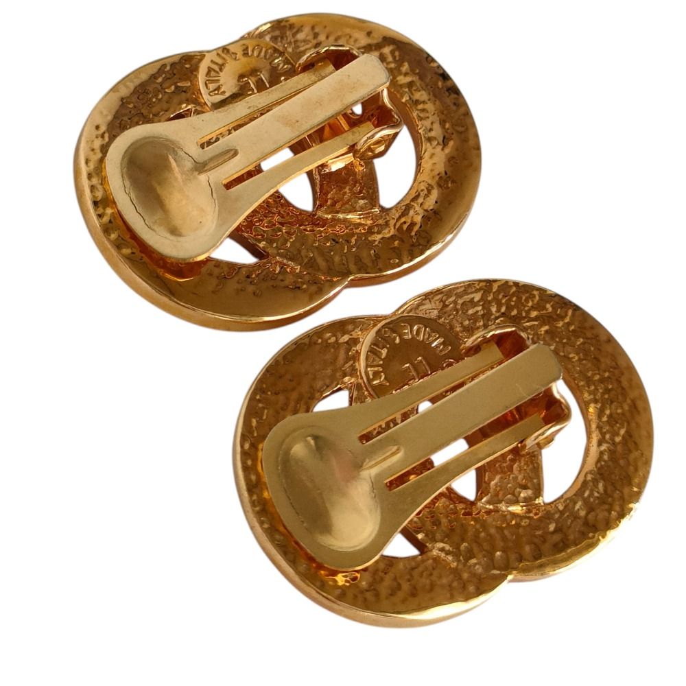 Celine Double Circle Logo Metal Clip Earrings Gold — view 5