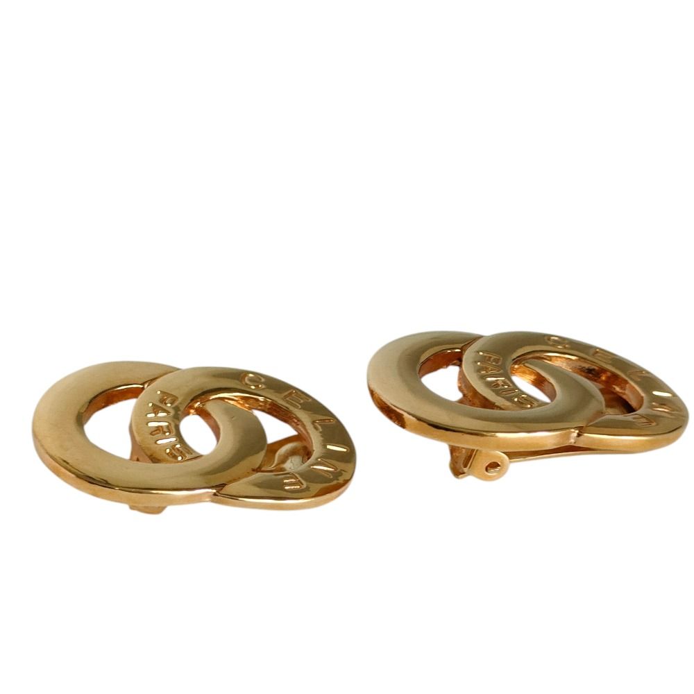 Celine Double Circle Logo Metal Clip Earrings Gold — view 2