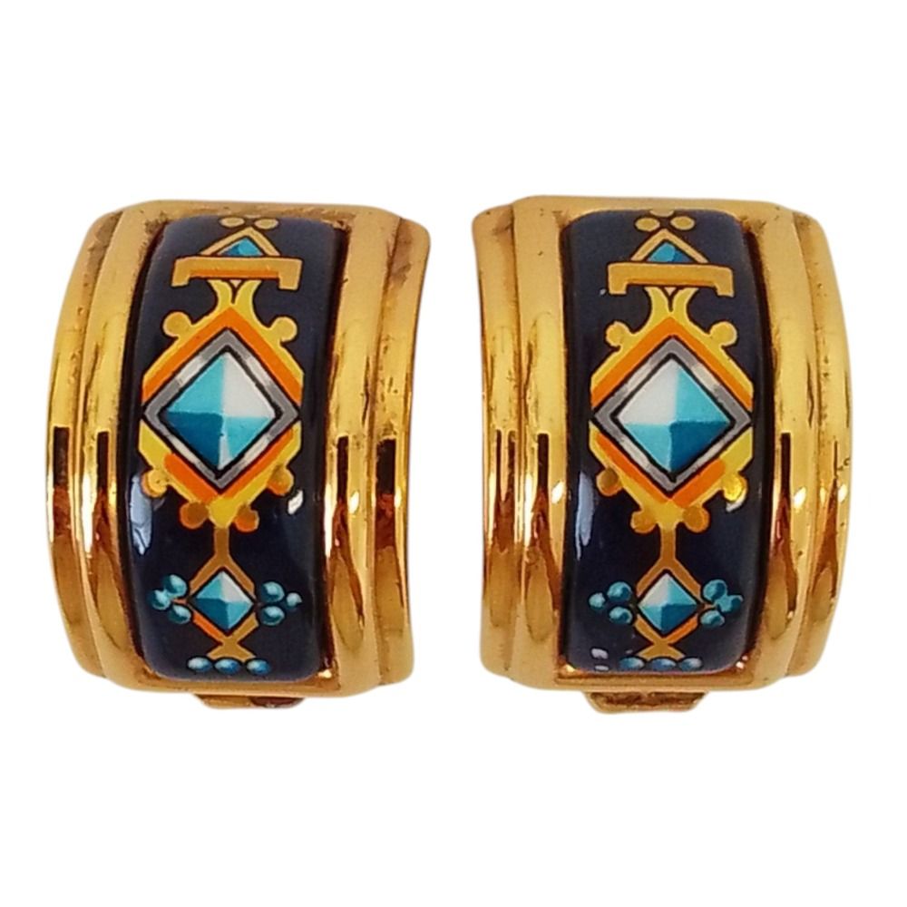 Hermes Cloisonne Enamel Earrings Gold Color Navy