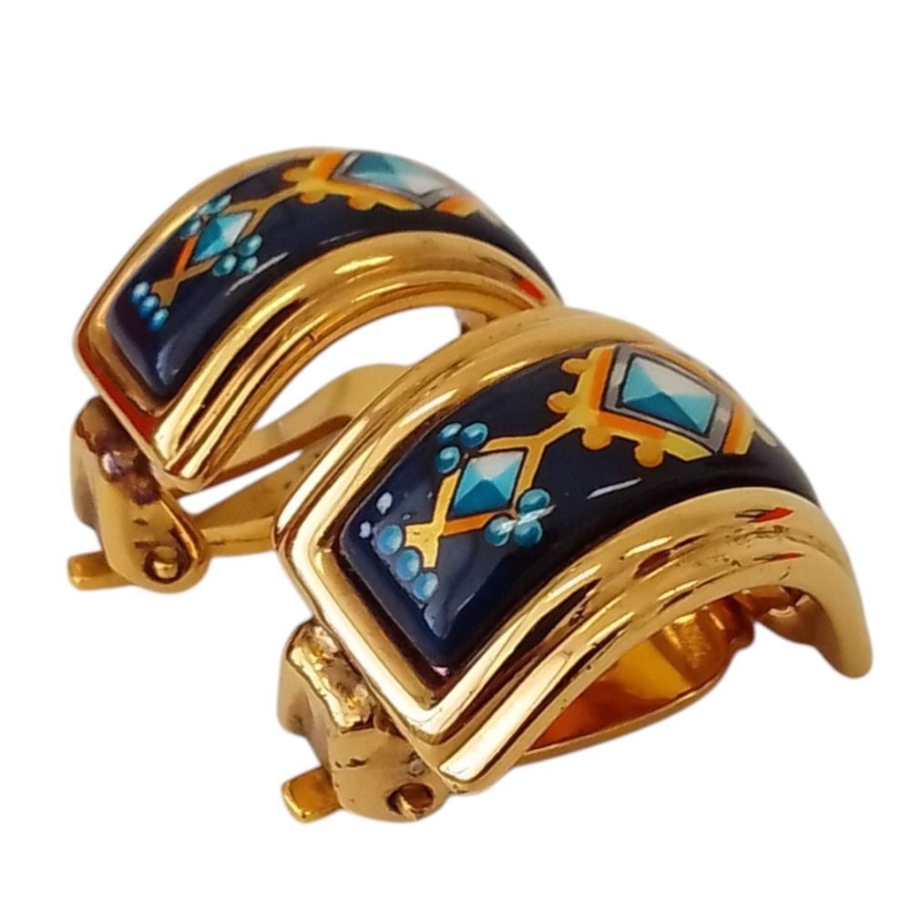 Hermes Cloisonne Enamel Earrings Gold Color Navy — view 3