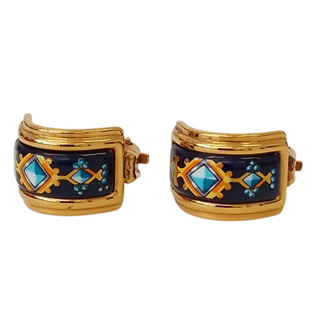 Hermes Cloisonne Enamel Earrings Gold Color Navy — view 4