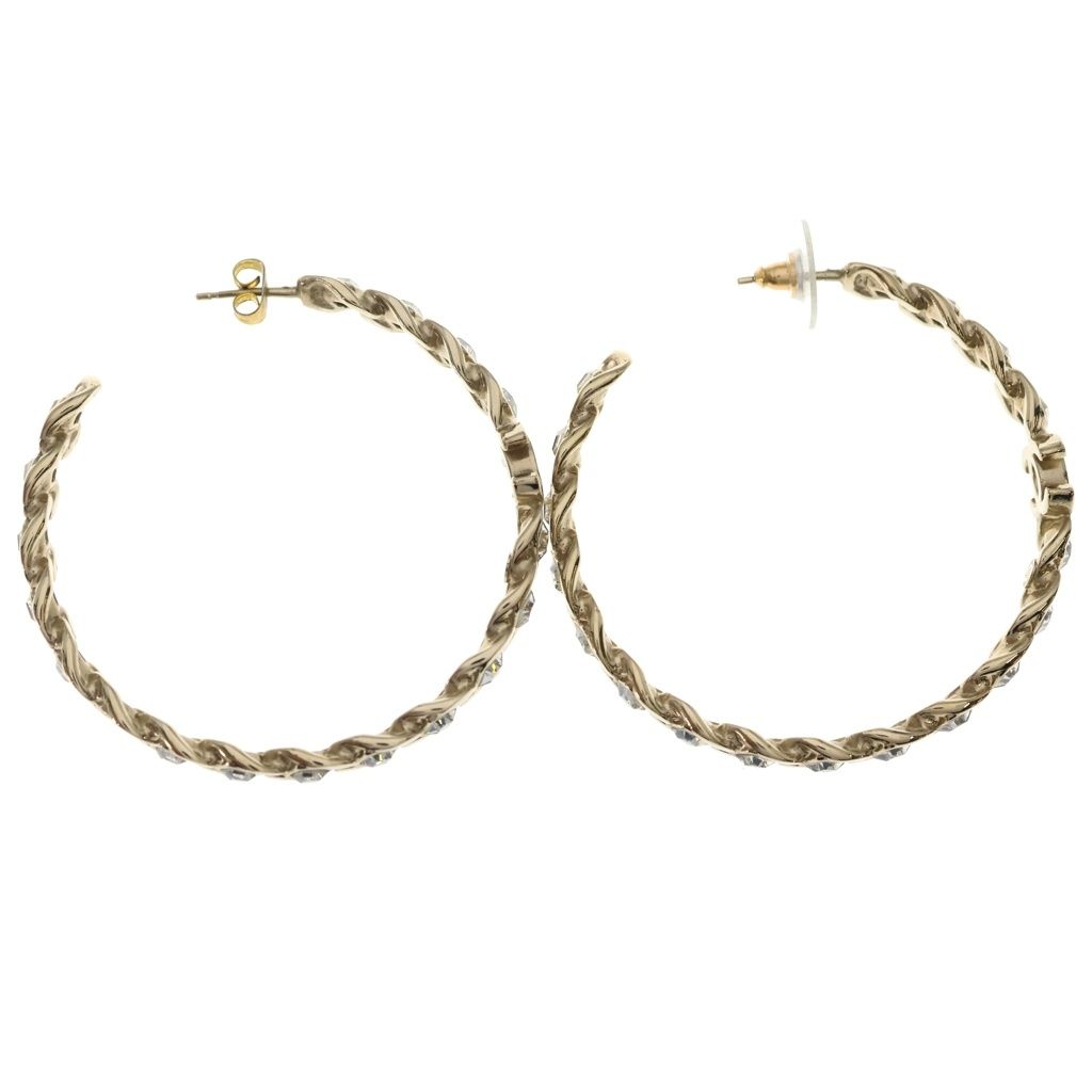 Chanel CC Logo Rhinestone Hoop Earrings Gold — view 4
