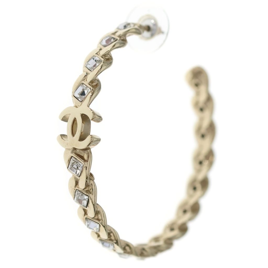 Chanel CC Logo Rhinestone Hoop Earrings Gold