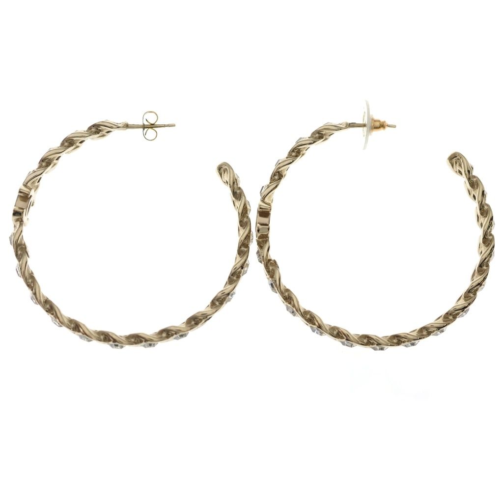 Chanel CC Logo Rhinestone Hoop Earrings Gold — view 3