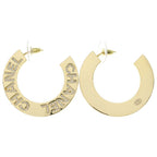 Chanel Logo Rhinestone Hoop Earrings Gold Plated