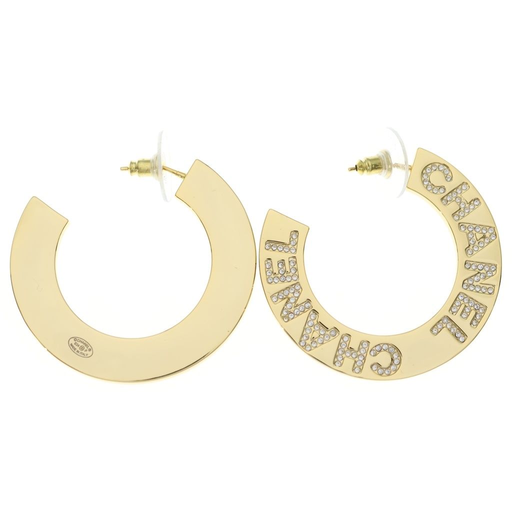 Chanel Logo Rhinestone Hoop Earrings Gold Plated — view 2