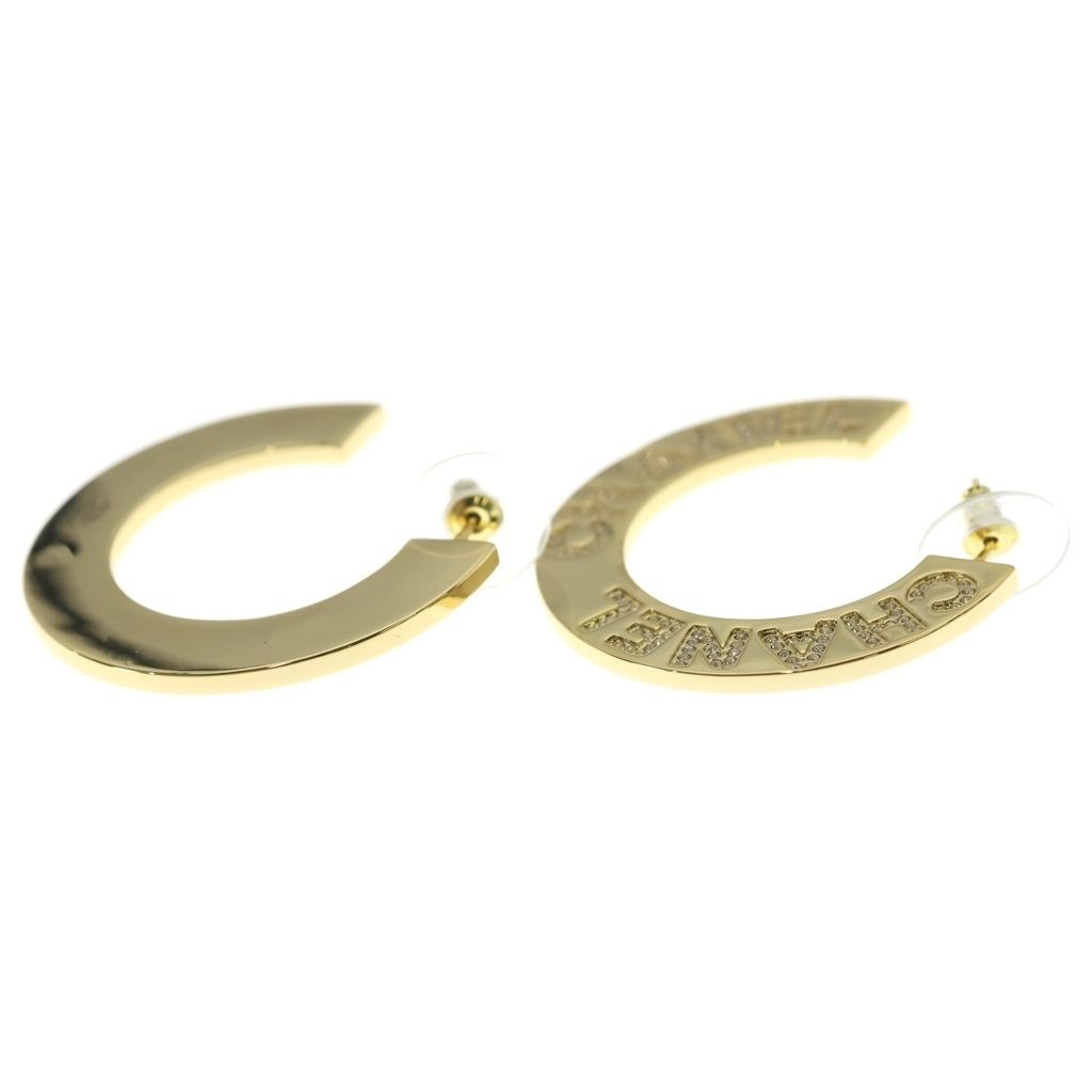 Chanel Logo Rhinestone Hoop Earrings Gold Plated — view 3