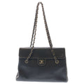 Chanel Turnlock Stitch Chain Tote Shoulder Bag Black Caviar Leather Silver