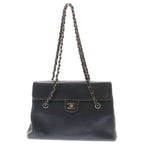 Chanel Turnlock Stitch Chain Tote Shoulder Bag Black Caviar Leather Silver