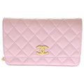 Chanel CC Logo Chain Wallet Shoulder Pink Caviar Leather Gold