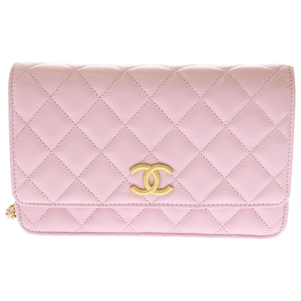 Chanel CC Logo Chain Wallet Shoulder Pink Caviar Leather Gold