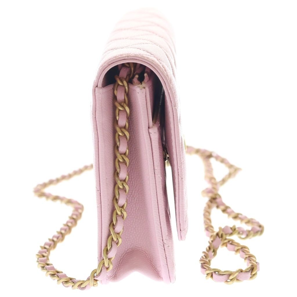 Chanel CC Logo Chain Wallet Shoulder Pink Caviar Leather Gold — view 3