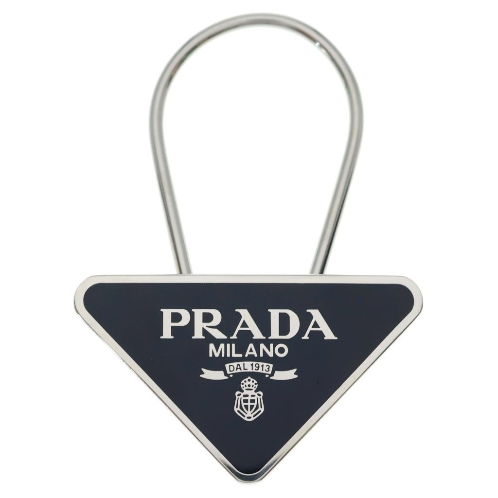 Prada Triangle Logo Metal Key Sling Bag Charm Key Holder Black Silver