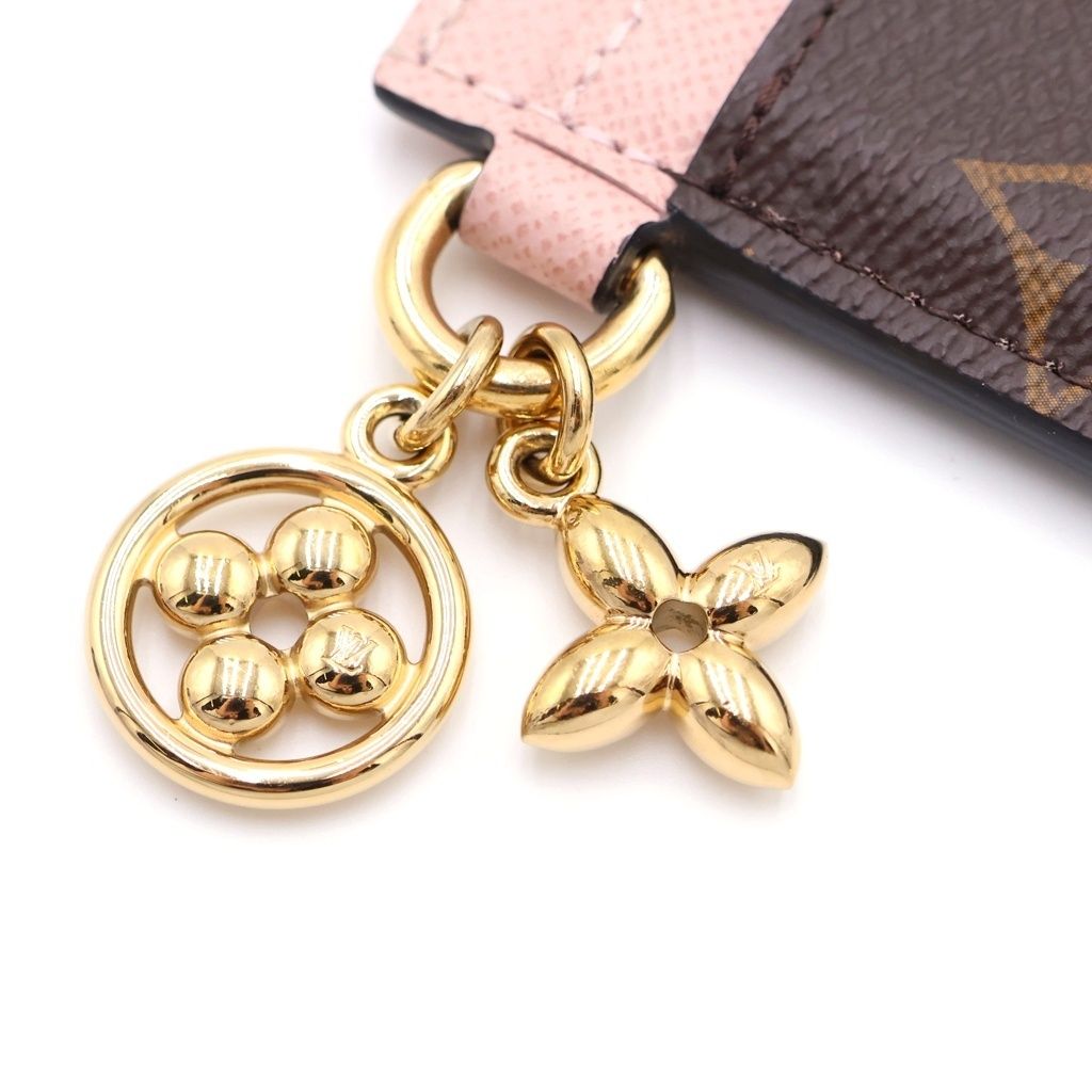 Louis Vuitton Monogram Card Holder Leather LV Charm Case Brown Pink — view 6