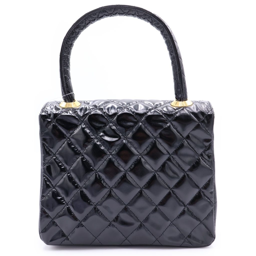 Chanel Quilted Patent Leather Gold Top Handle Handbag Black — view 2