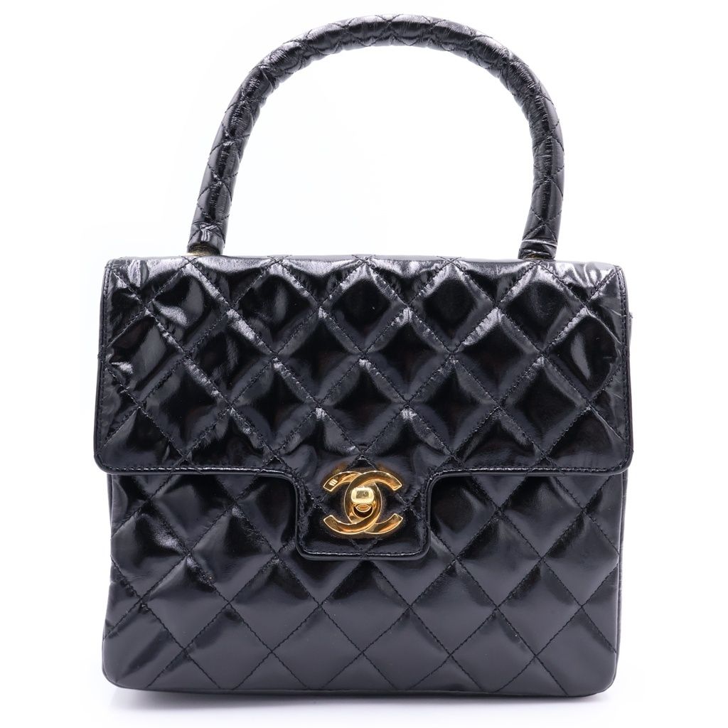Chanel Quilted Patent Leather Gold Top Handle Handbag Black