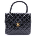 Chanel Quilted Patent Leather Gold Top Handle Handbag Black
