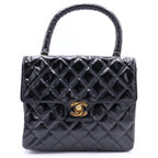 Chanel Quilted Patent Leather Gold Top Handle Handbag Black